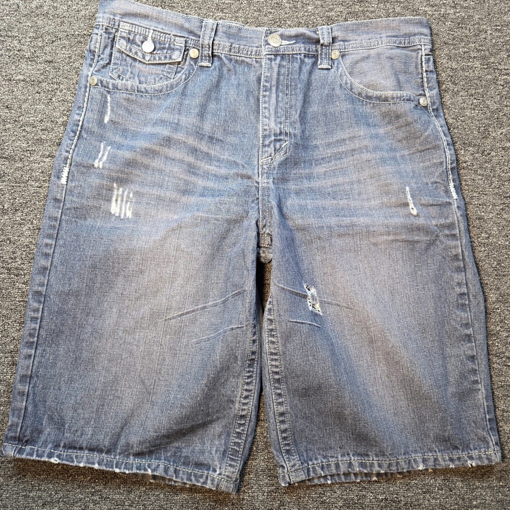 Xtreme Couture Denim Short Men 36 Blue Distressed Embroidered MMA Y2K 90s Grunge